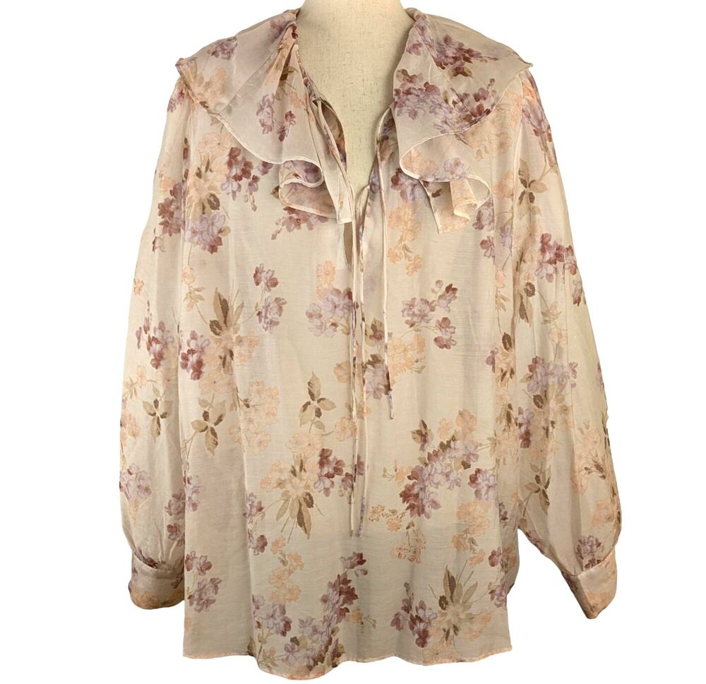 H&M Powder Pink Women's XXL Sheer Chiffon Floral Blouse Top Ruffle Collar